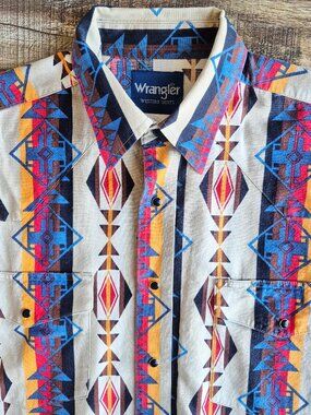 Vintage Wrangler Aztec Pearl Snap Brushpoppers Western Shirt Short Sleeve